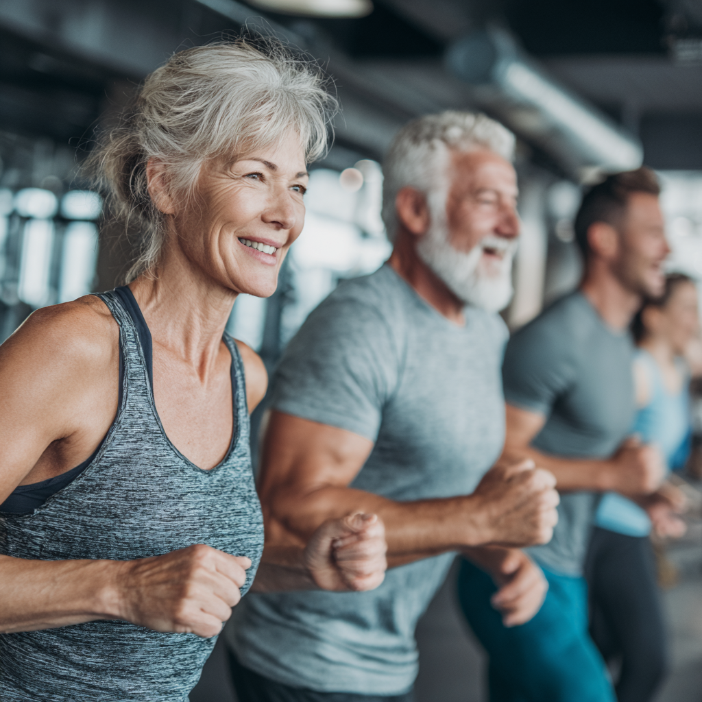 Група активни хора между 50-60 години правят групова тренировка с персонален треньор в съвременна фитнес зала