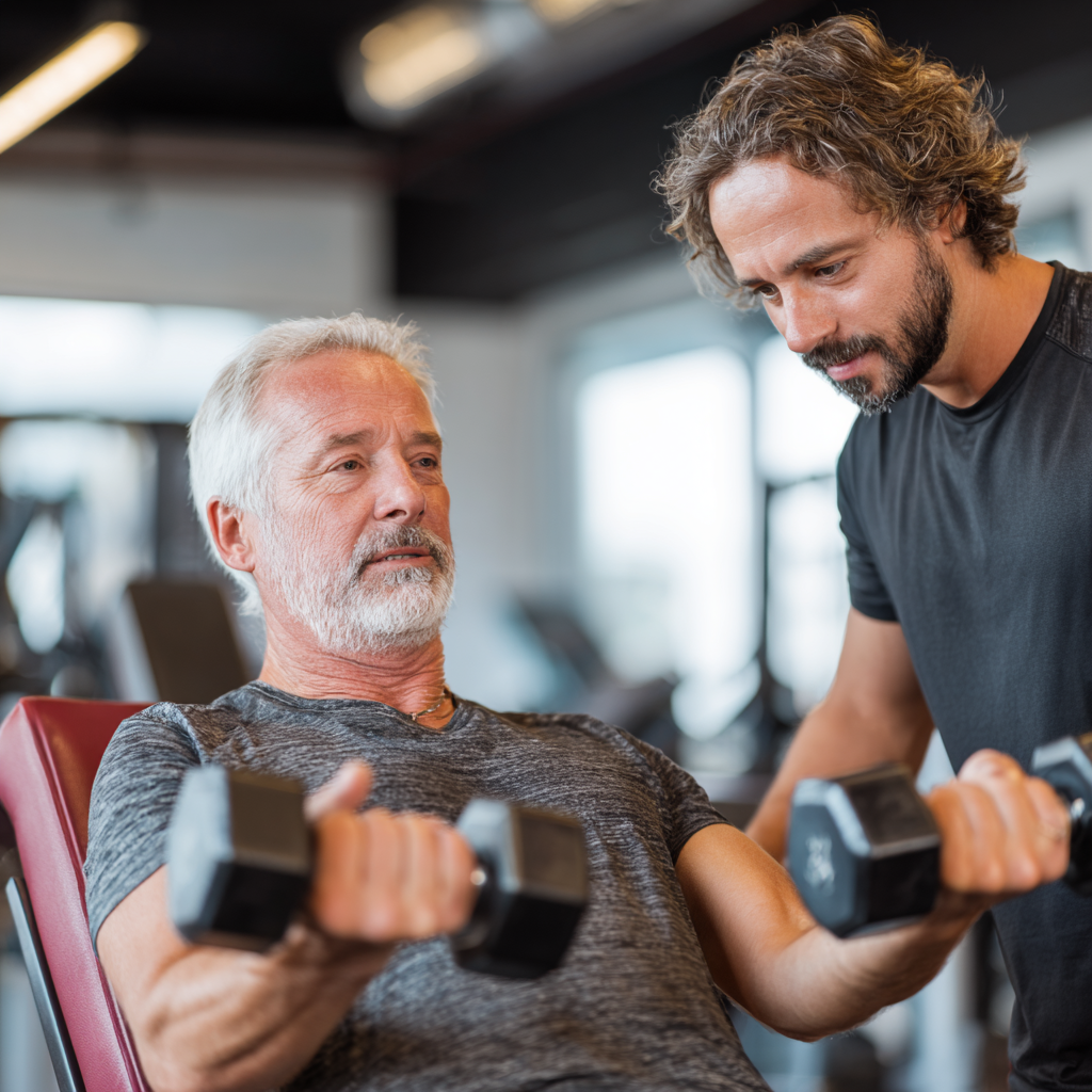 Персонален треньор работи индивидуално с клиент на 58 години в хубаво осветена фитнес зала