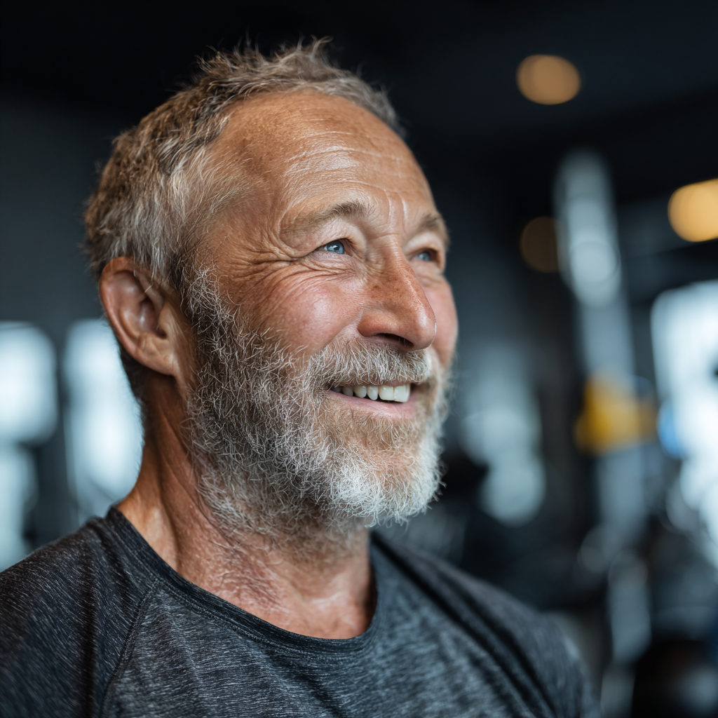 Радостен мъж на 60 години след тренировка в skeldropik фитнес центъра, усмихнат и енергичен