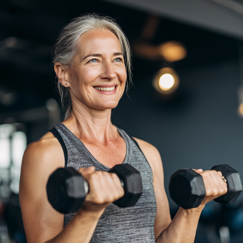 Усмихната жена на 55 години прави силова тренировка с дъмбели в модерна фитнес зала